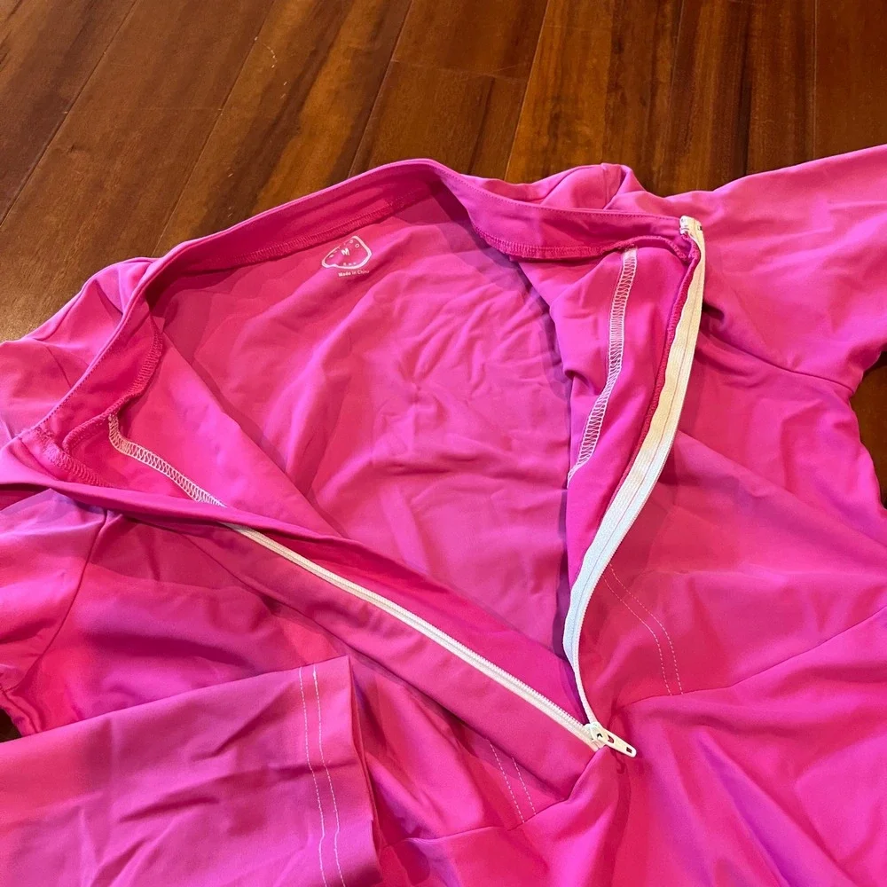 Mott50 Pink Rash Guard‎ Swim Long Sleeve Top Ruche Zip SPF Cover Up Size Medium